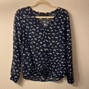 The Limited Navy Blue Sheer Blouse with White Bow Print